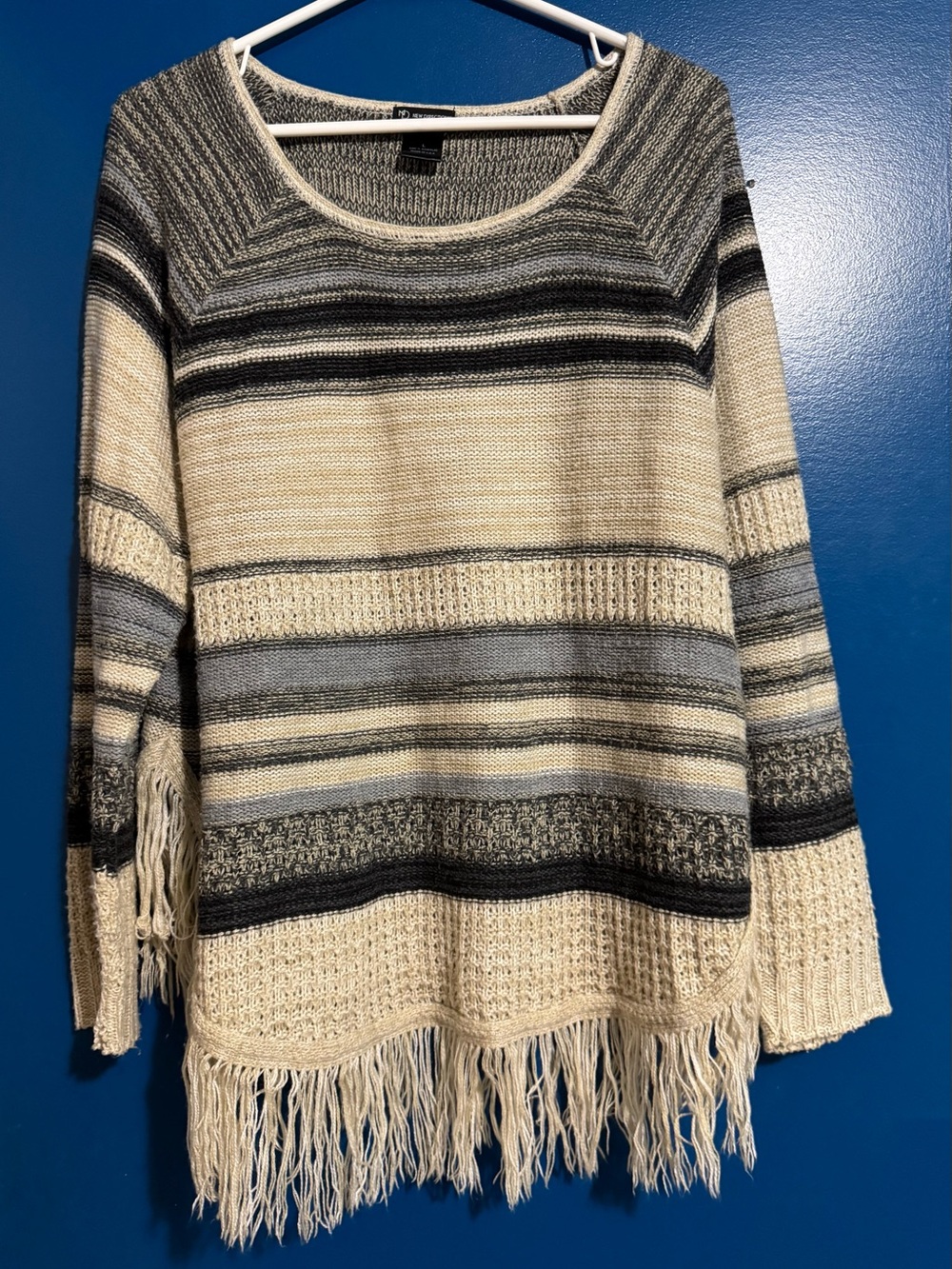 new directions Cream, Gray & Black Striped Fringe Crew Neck Sweater